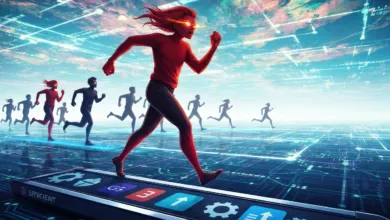 Runners compete on a digital treadmill, symbolizing efficiency and technological advancement.