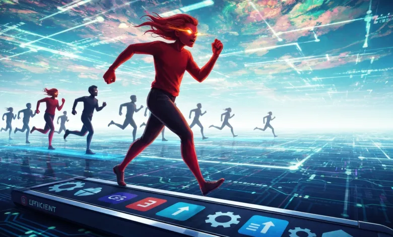Runners compete on a digital treadmill, symbolizing efficiency and technological advancement.