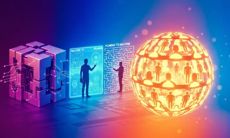 Abstract representation of AI, human interaction, and technology.