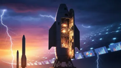 Rocket with open interior, data visualizations, and lightning strikes.