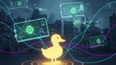DuckDuckGo logo glows in a futuristic city with data screens.