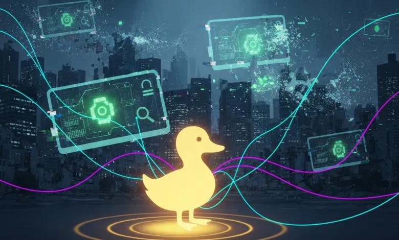 DuckDuckGo logo glows in a futuristic city with data screens.