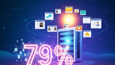 Data server with 79% and floating windows on a blue background.