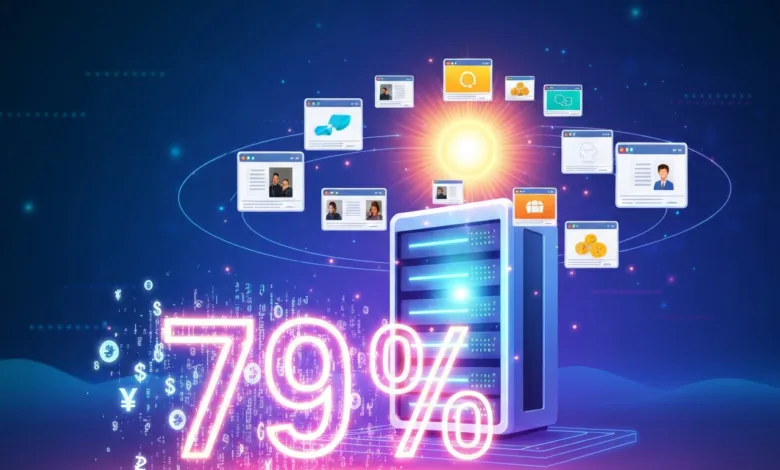 Data server with 79% and floating windows on a blue background.