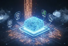 Digital brain with skills icons, representing AI and learning.