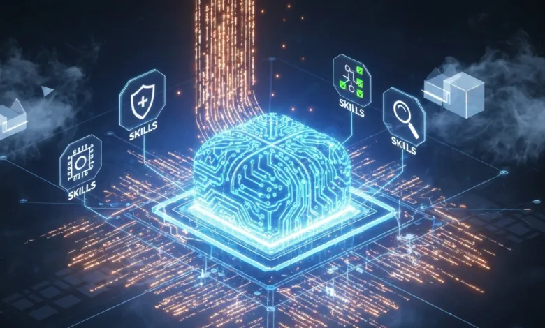 Digital brain with skills icons, representing AI and learning.