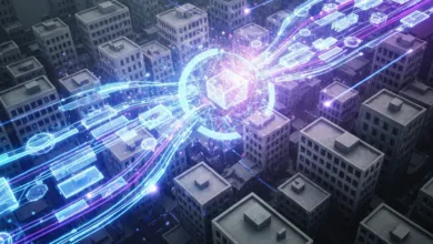 Aerial view of city with glowing data streams and central cube.