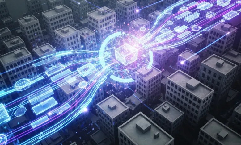 Aerial view of city with glowing data streams and central cube.