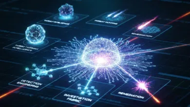 Cybersecurity concept with glowing nodes and connections on a dark background.