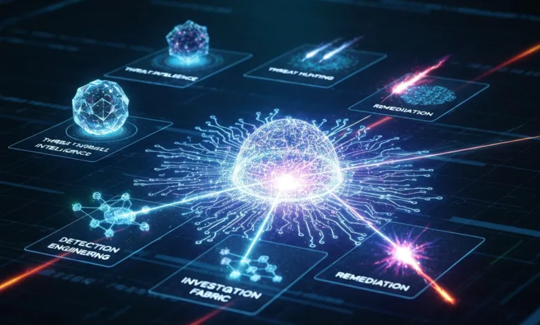 Cybersecurity concept with glowing nodes and connections on a dark background.