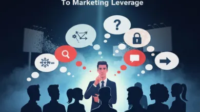 Marketing leverage concept with diverse team and thought bubbles.