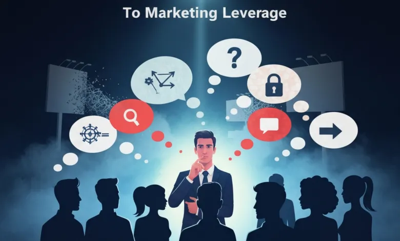 Marketing leverage concept with diverse team and thought bubbles.