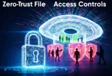 Zero-Trust File Access Controls with glowing padlock and silhouetted figures.