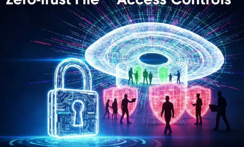 Zero-Trust File Access Controls with glowing padlock and silhouetted figures.