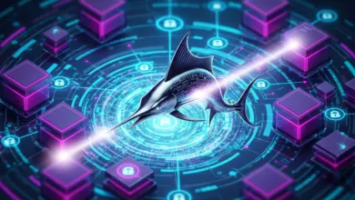Stylized marlin with circuit patterns on a digital network background.