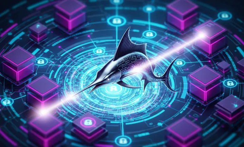 Stylized marlin with circuit patterns on a digital network background.