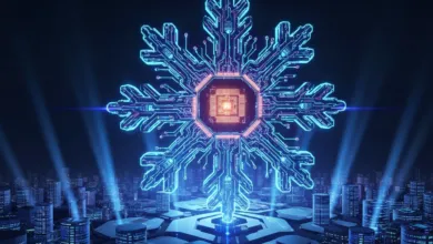 Glowing snowflake circuit board hovers over futuristic city.