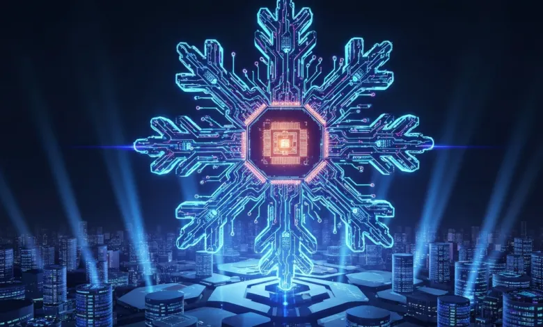 Glowing snowflake circuit board hovers over futuristic city.