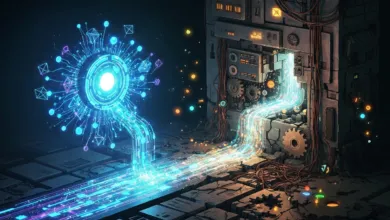 Futuristic data transfer between glowing AI core and complex machine.