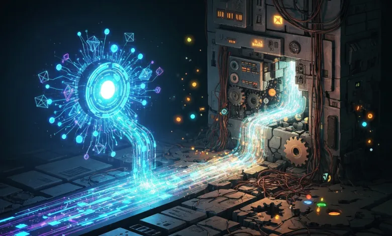Futuristic data transfer between glowing AI core and complex machine.