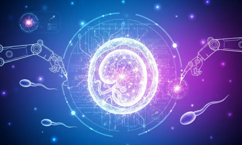 Futuristic image of robotic arms assisting with in vitro fertilization.