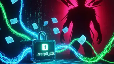 Padlock with glowing files and a shadowy figure in a digital environment.