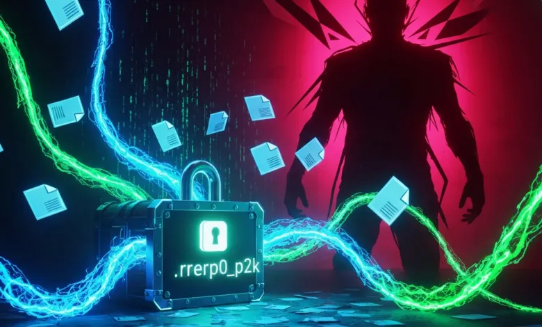 Padlock with glowing files and a shadowy figure in a digital environment.