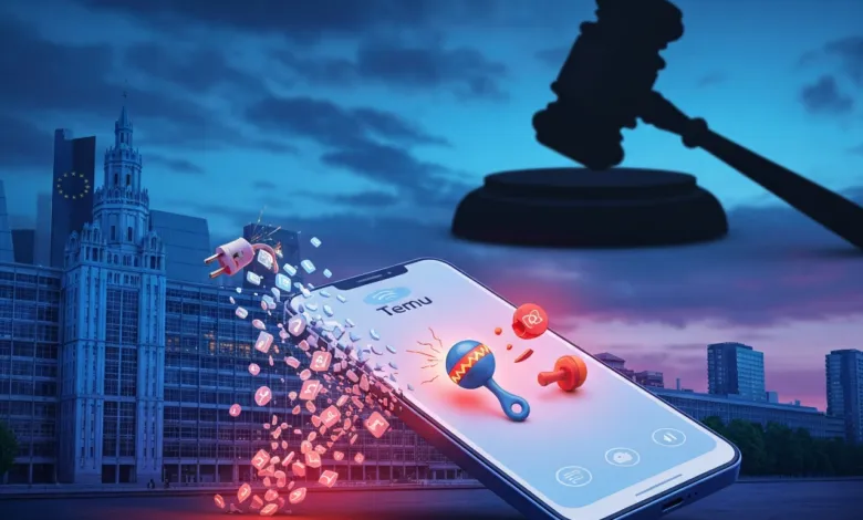 Smartphone displaying Temu logo with gavel and EU building in background.
