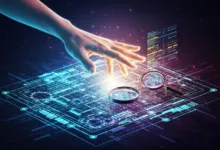 Hand interacting with digital interface, magnifying glass, and data visualization.