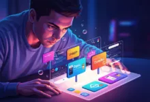 Person interacts with floating app icons and search bars on a digital interface.