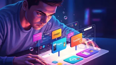 Person interacts with floating app icons and search bars on a digital interface.
