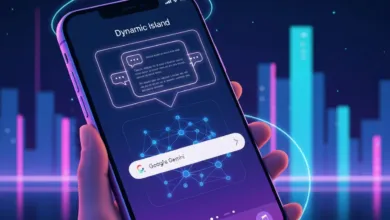 Hand holding phone with Dynamic Island and Google's Gemini search bar.