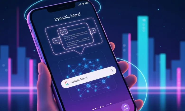 Hand holding phone with Dynamic Island and Google's Gemini search bar.