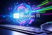 Windows 11 logo with keyboard and mouse against a colorful, abstract background.