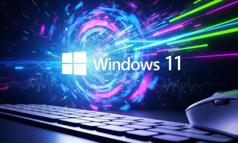 Windows 11 logo with keyboard and mouse against a colorful, abstract background.