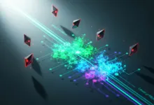 Abstract digital art with glowing lines, geometric shapes, and colorful bursts.