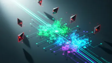 Abstract digital art with glowing lines, geometric shapes, and colorful bursts.