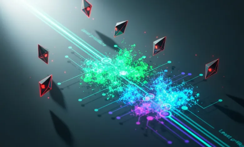 Abstract digital art with glowing lines, geometric shapes, and colorful bursts.