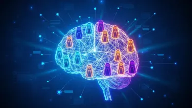 Neon brain outline with connected people icons on a blue background.