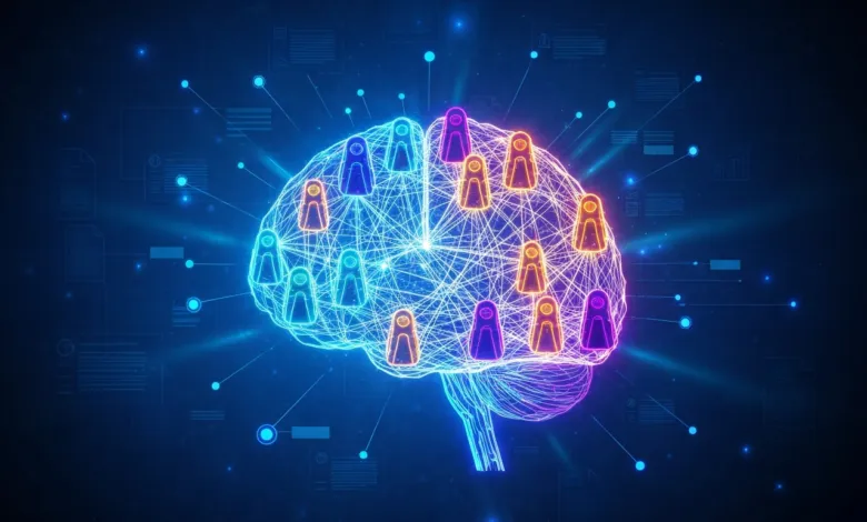 Neon brain outline with connected people icons on a blue background.