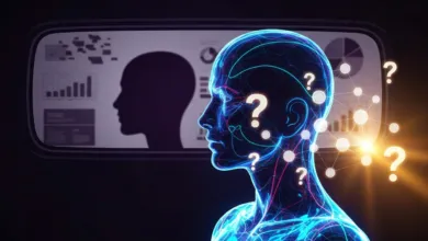 Glowing blue human figure with question marks, data screen behind.