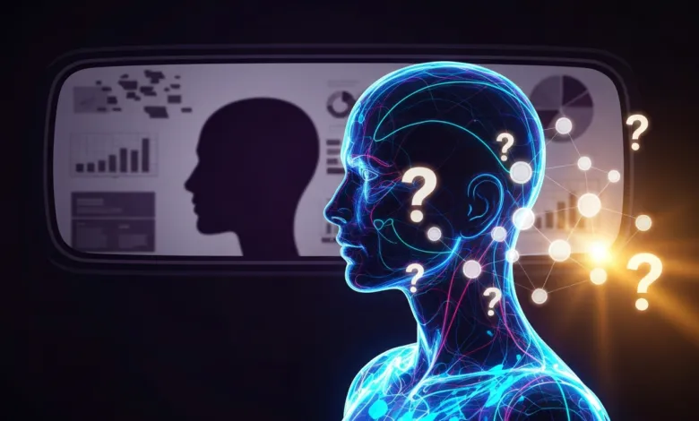 Glowing blue human figure with question marks, data screen behind.