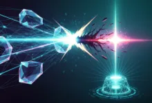 Abstract digital art: crystals, light beams, and data platform.