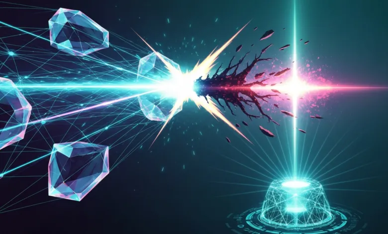 Abstract digital art: crystals, light beams, and data platform.