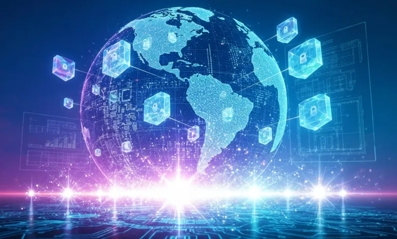 Digital globe with security lock icons, circuit board pattern, and bright light.