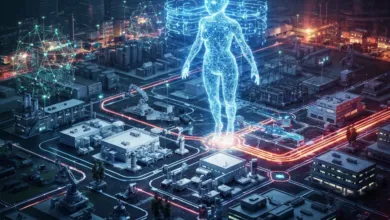 Digital human figure over a futuristic industrial city with glowing connections.