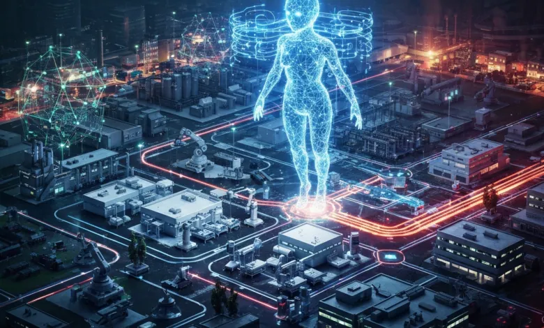 Digital human figure over a futuristic industrial city with glowing connections.