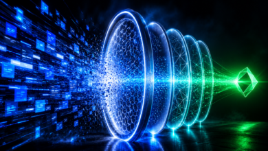 Abstract AI data filtration pipeline with blue and green glowing elements.