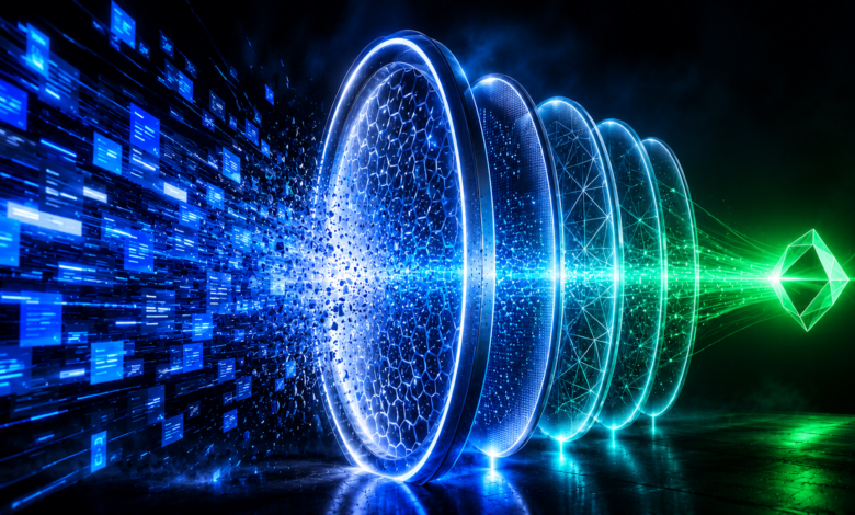 Abstract AI data filtration pipeline with blue and green glowing elements.