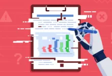 Robot hand analyzes a bar graph on a clipboard against a red background.